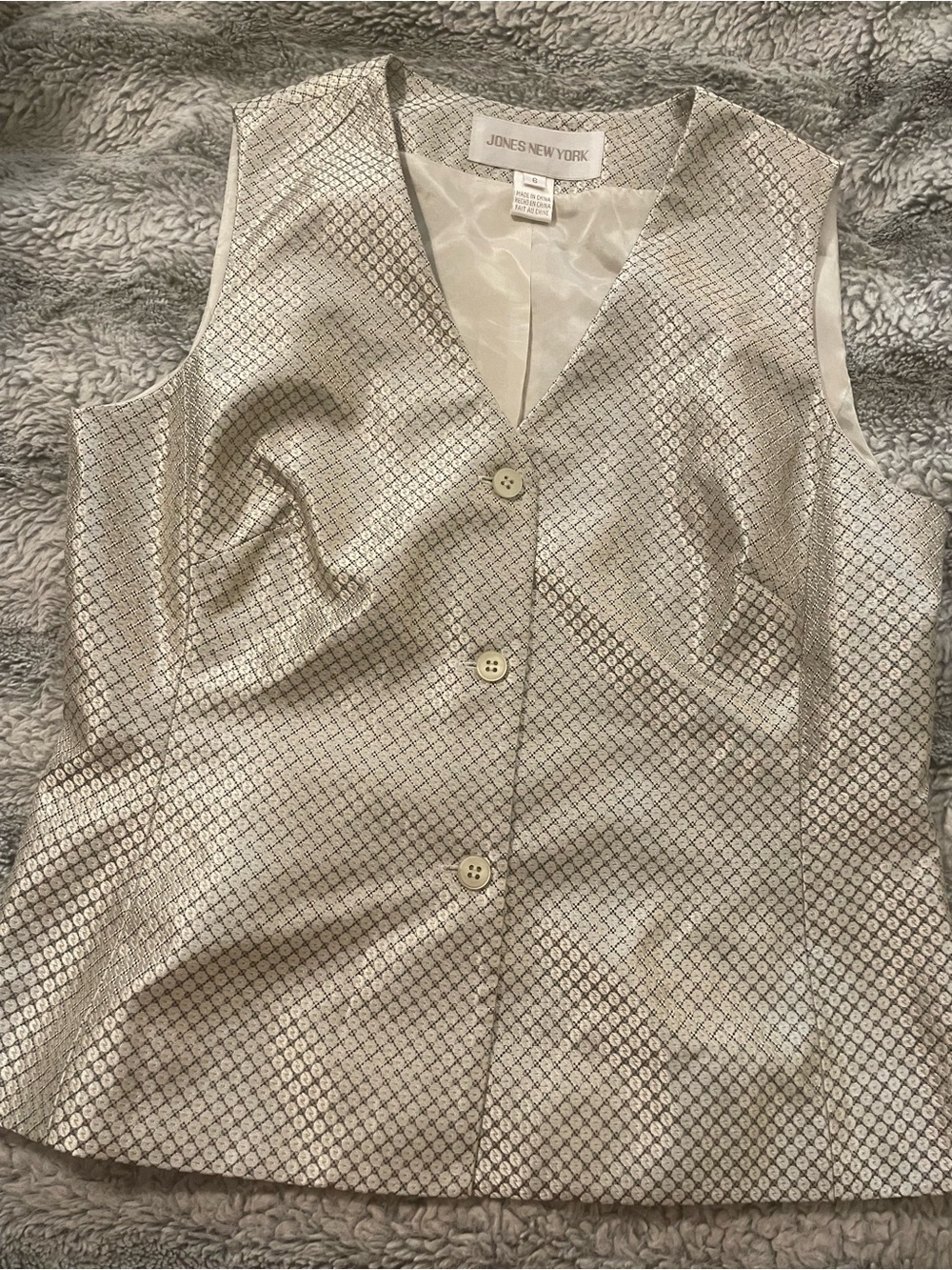 Jones New York Metallic Silver Button Front V-Neck Vest